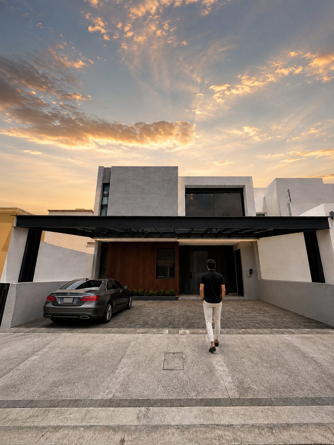 Fachada principal de Casa Britania al atardecer · Mircon Constructora en Morelia