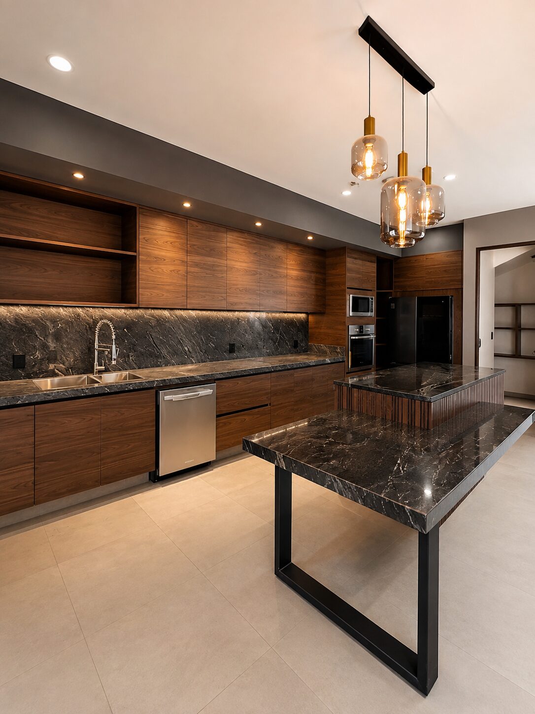 Cocina con isla de mármol y carpintería en madera · Casa Britania por Mircon Constructora