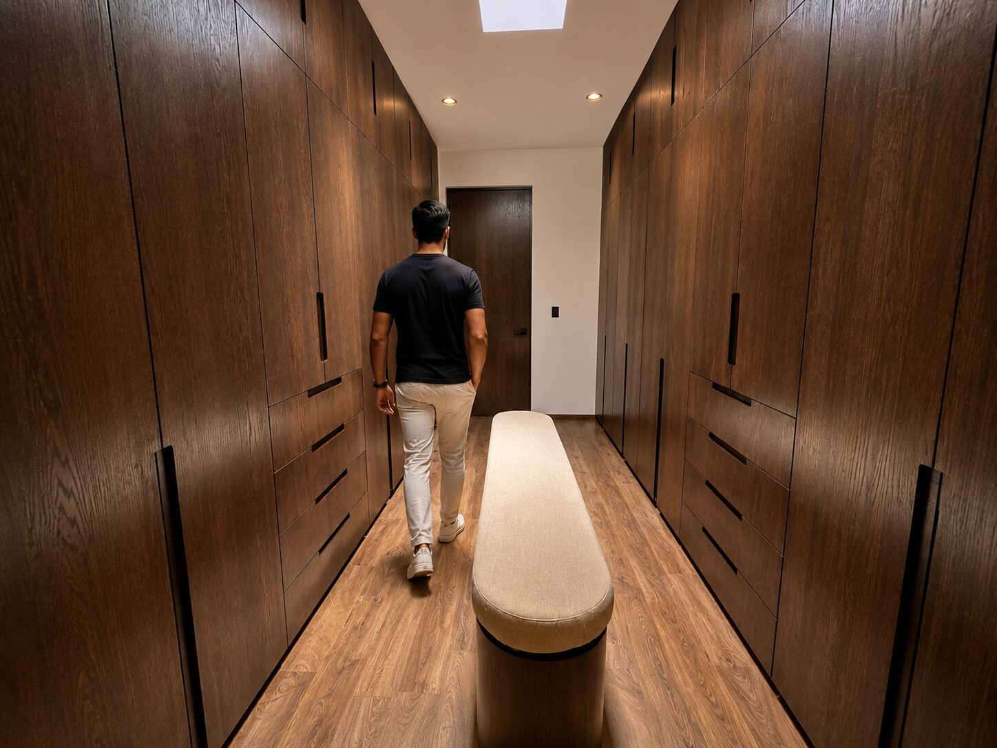 Vestidor con carpintería de madera de piso a techo · Casa Britania en Morelia