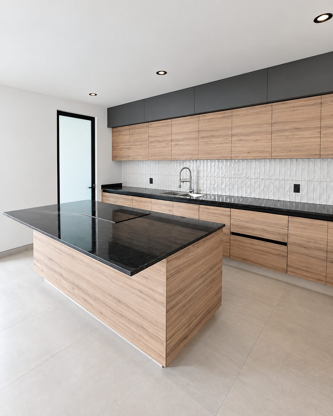 Cocina integral con isla, tarja y alacenas de madera · Casa Magna por Mircon Constructora