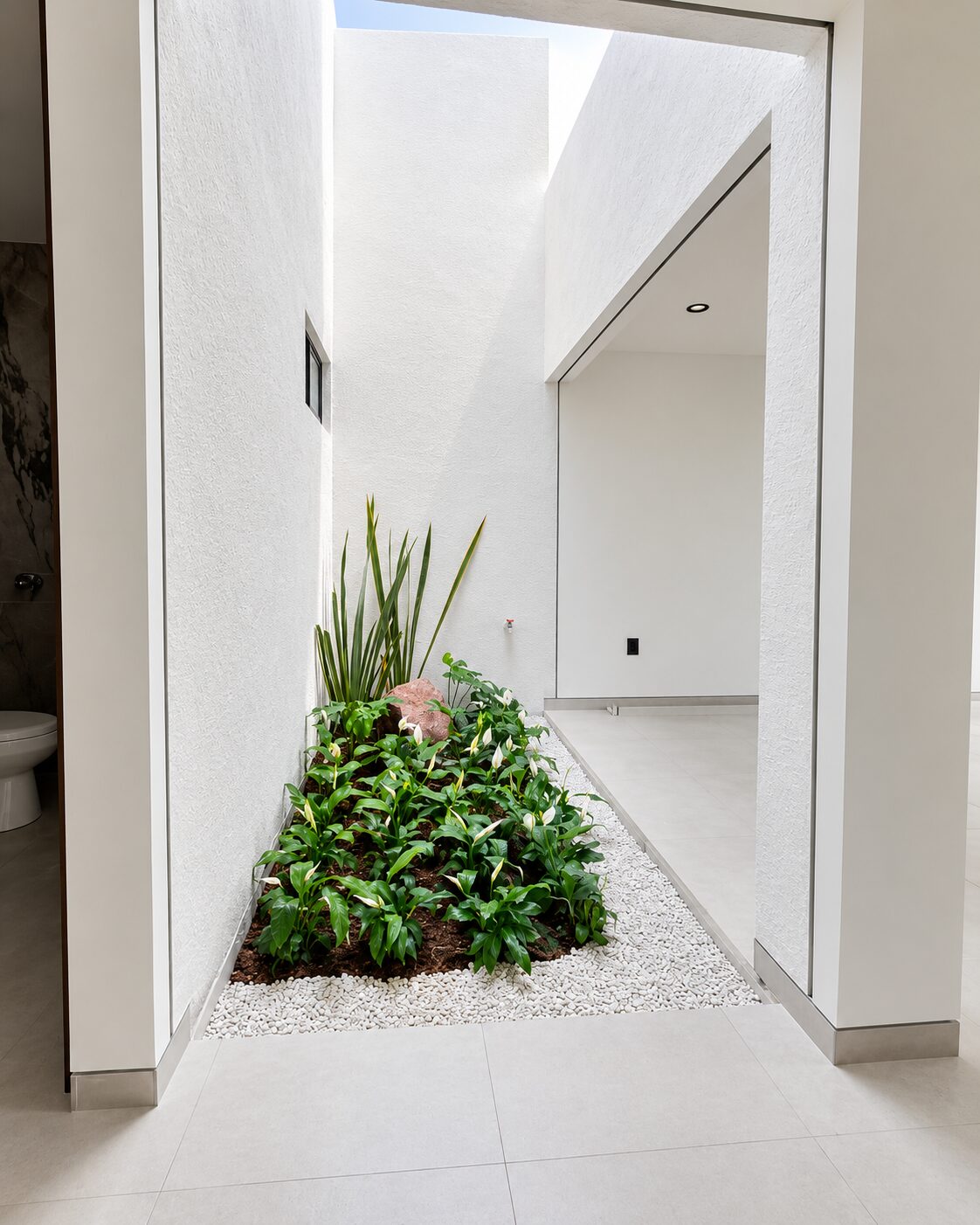 Jardín interior con plantas y grava blanca · Casa Magna por Mircon Constructora en Morelia