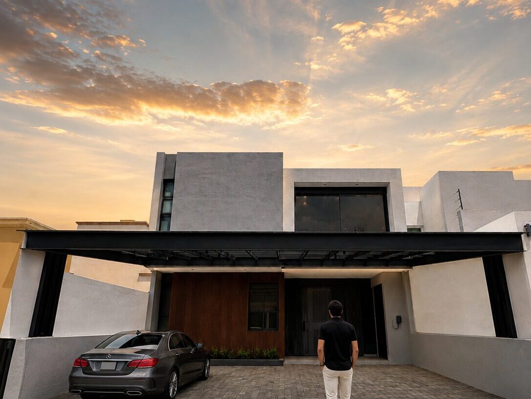 Fachada real de Casa Britania al atardecer · obra terminada por Mircon Constructora en Morelia, Michoacán